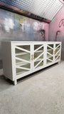 76" x 12" x 31"(ht)  The 12" deep TV Stand features a beautiful finish in simply white with 4  elegant solid wood glass doors.  Door designed inspired from a vintage / antique cabinet and feature soft close hinges. 