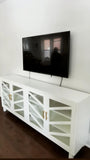 76" x 12" x 31"(ht)  The 12" deep TV Stand features a beautiful finish in simply white with 4  elegant solid wood glass doors.  Door designed inspired from a vintage / antique cabinet and feature soft close hinges. 