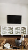 76" x 12" x 31"(ht)  The 12" deep TV Stand features a beautiful finish in simply white with 4  elegant solid wood glass doors.  Door designed inspired from a vintage / antique cabinet and feature soft close hinges. 