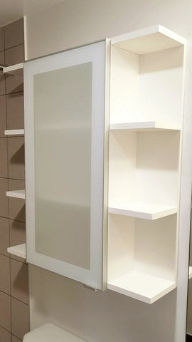 27" W x 30" H x 7.5" D  Custom build to maximize the storage, the wall or medicine cabinet with open and closed shelving provides  ample of storage and makes the bathroom look sleek & stylish,
