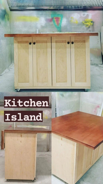 12" Drop-leaf kitchen island on wheels  Solid and Sturdy Material - Solid maple wood countertop and door frame. Cabinet is built from premium quality maple plywood.  Plenty of Storage Options - 2 adjustable Shelves  Wheels for Easy Mobility  Over all size : 48 " x  44" x 36" (ht)