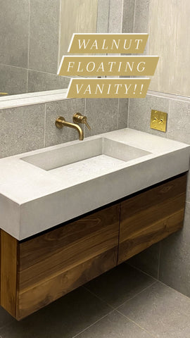 48" floating vanity built from solid walnut wood. Drawer fronts are grained match- grain pattern flows beautifully from one drawer to other. 3 functional drawer with fully extendable under mount soft close slides. Routed integrated finger pull for a minimalist look