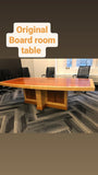 Re-configuring an existing office boardroom table!! A well loved & liked vintage boardroom table  was  reconfigured into a smaller size coffee table and 2 end tables. Hair pin metal legs give pieces mid century modern aesthetics. Upcycle + Recycle + Reuse + Makeover