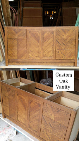 This gorgeous bathroom vanity features a chevron pattern imparting an eye catching allure to a contemporary design.  Built from from solid white oak, the warm and beautiful wood grains makes it a  perfect statement in any  bathroom. 