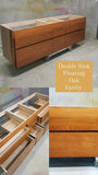 76" wide double sink wall​ mounting floating vanity built from solid white oak wood. ​ A​  ​modern ​clean​ &​​ ​streamlined look​ with 6 soft close drawer with integrated handles - inwardly beveled edge.