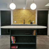 This eclectic kitchen was inspired by Liz love for all thing MCM. A fresh and modern take on a vintage ​cabinets!  ​ A contemporary re-interpretation  by combing old & new and  pulling them together by painting them same color. Turning this space into a modern oasis, full of color , textures and patterns.