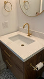 Custom build  MCM inspired 30" solid walnut wood vanity​ cabinet​, featuring a ​soft closing drawer ​and​ solid wood tapered legs. ​ ​With sturdy gold handles adding timeless touch to cabinetry  An elegant addition to any bath space, unique and beautiful texture​d walnut wood makes ​​bathroom classic,​ ​luxurious​ and stunning.  -Custom build  -Built from solid walnut wood  -Tapered legs  -Soft closing drawers ​  - 30" x 22 " x 33" (ht)