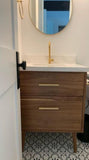 Custom build MCM inspired 30" solid walnut wood vanity​ cabinet​, featuring 2 ​soft close inset drawers ​and​ solid wood tapered legs. ​ ​Gold handles add timeless touch to the cabinet, an elegant addition to any bathroom, beautiful walnut wood makes ​​bathroom ​luxurious​ and stunning.
