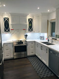 Shaker style cabinets are popular for their timeless style & ability to complement traditional, transitional & modern designs.  Combined with distinctive glass front doors with intersecting narrow strips of wood that divide individual panes of glass – giving the cabinet doors an elegant demeanor well suited for showing off special pieces of china or silver.