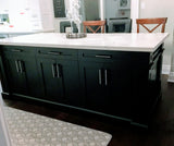Shaker style cabinets are popular for their timeless style & ability to complement traditional, transitional & modern designs.  Combined with distinctive glass front doors with intersecting narrow strips of wood that divide individual panes of glass – giving the cabinet doors an elegant demeanor well suited for showing off special pieces of china or silver.