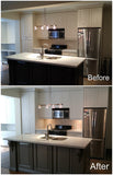 A stunning transformation by replacing the cabinet door & drawer fronts and spraying the end gables so they all match.  The shaker style new fronts along with new hardware adds style  and gives new feel & look to this kitchen with out breaking a bank.
