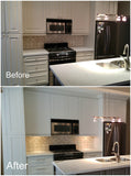 A stunning transformation by replacing the cabinet door & drawer fronts and spraying the end gables so they all match.  The shaker style new fronts along with new hardware adds style  and gives new feel & look to this kitchen with out breaking a bank.