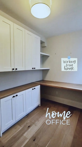 Don’t think you have the space for a home office? Think again  To make the most of the space  a floating desk and cabinets on one wall , maximize work space and add lots of storage & display spaces.  Desk top and the counter space built from solid white oak wood.