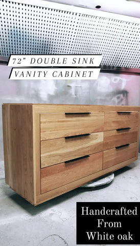 Handcrafted out of solid white oak 72" double sink vanity is a blend modern lines and beautiful wood grain pattern to make the perfect statement in a bathroom. Six precisely inset drawers with soft-close slides offer plenty of storage for a big family. 
