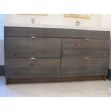 Custom designed  63"  bottom mounted four drawer vanity cabinet  with solid wood rustic drawer fronts.