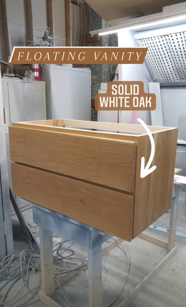 38" wide wall​ mounting floating vanity built from solid white oak wood. ​ A​  ​modern ​clean​ &​​ ​streamlined look​ with two soft close drawers​ with handle​s​ integrated in drawer panels.​ Mirror Frame 3 ft x 2ft