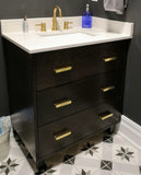 Custom build vanity cabinet. - Oak wood drawer fronts - A fixed panel & 2 under mount drawers with cut out for plumbing - 30" W x 20" D x 33.5" (ht) 