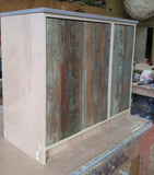 Shown in the photos is an 38" wide  custom vanity with reclaimed teak door panels  and grey quartz top - Clean line & contemporary design.  Send us your rough sketch with dimensions along with your inspiration photos of your dream bathroom vanity,