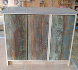 Shown in the photos is an 38" wide  custom vanity with reclaimed teak door panels  and grey quartz top - Clean line & contemporary design.  Send us your rough sketch with dimensions along with your inspiration photos of your dream bathroom vanity,