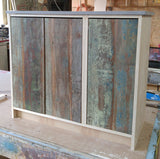 Shown in the photos is an 38" wide  custom vanity with reclaimed teak door panels  and grey quartz top - Clean line & contemporary design.  Send us your rough sketch with dimensions along with your inspiration photos of your dream bathroom vanity,