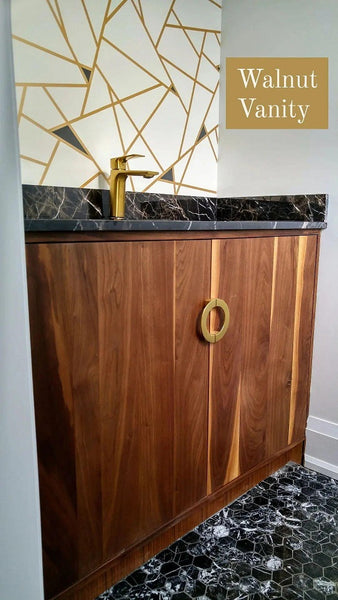 Shown in the photos is an 43" wide  custom built vanity  with solid walnut door panels.