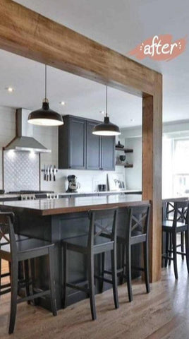 We built this amazing island with solid maple wood counter top  for Neve last summer. This time around it was time to add a rustic architectural feature to this beautiful kitchen by covering the post & beam with solid  maple wood.