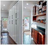 A clean line design with zen aesthetics!!! A stunning transformation from white big box store cabinets to unique Japanese inspired custom designed cabinets with hand-forged iron handles. The base cabinets has sliding doors with lattice design.