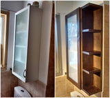 Sleek , stylish & warm - on a budget!! This master bathroom recreated with just switching the old doors with Inde-Art solid wood door fronts.