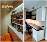 Don’t think you have the space for a home office? Think again  To make the most of this space, the old book shelf was transformed into a home office by adding a floating desk and shelving's above it.  Wall cabinet and a two drawer unit , with bottom shallow drawer box to accommodate a printer, add ample of storage space to store away all office supplies.  Made from solid poplar wood.