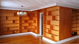 A librarian's (our client) dream home library and TV Unit. Incredible MCM inspired library/ bookcase and built in TV unit featuring a stunning sliding door. The bookcase which stretches over 30ft ​ boast ​seven shelves ​running all the way through ​offering plenty of ​ ​display space for books, art, ​etc​ TV unit is hidden with a beautiful 54" wide sliding door oozing out Danish charm and practicality.