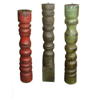 Solid wood hand crafted candle holders made from salvaged pieces of furniture in different shapes , sizes & colors.