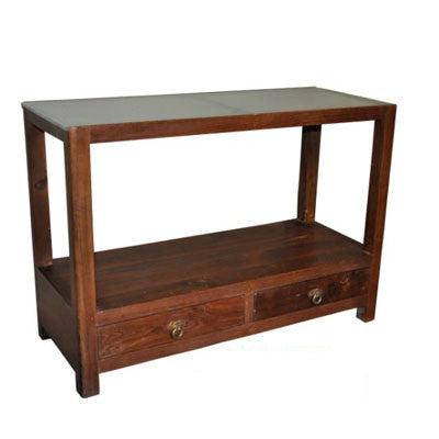 Solid Indian rose wood console table with two drawers and glass top.