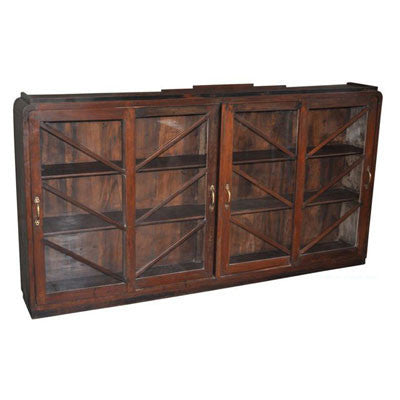 Vintage solid teak wood upper or wall cabinet or a narrow book shelf with sliding doors.