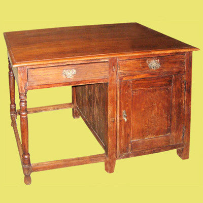 Solid teak wood antique desk with two drawers.