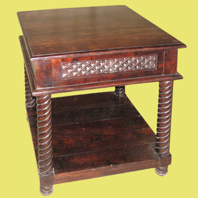 Beautifully hand carved solid Indian rose wood end table with one drawer and a shelving.