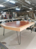 Re-configuring an existing office boardroom table!! A well loved & liked vintage boardroom table  was  reconfigured into a smaller size coffee table and 2 end tables. Hair pin metal legs give pieces mid century modern aesthetics. Upcycle + Recycle + Reuse + Makeover