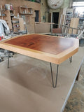 Re-configuring an existing office boardroom table!! A well loved & liked vintage boardroom table  was  reconfigured into a smaller size coffee table and 2 end tables. Hair pin metal legs give pieces mid century modern aesthetics. Upcycle + Recycle + Reuse + Makeover
