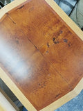 Re-configuring an existing office boardroom table!! A well loved & liked vintage boardroom table  was  reconfigured into a smaller size coffee table and 2 end tables. Hair pin metal legs give pieces mid century modern aesthetics. Upcycle + Recycle + Reuse + Makeover