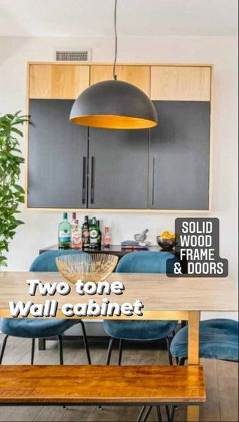 ​This is a perfect example of combining warm & rustic natural wood with slick  black  contemporary design. A beautiful mixture of  different textures i.e. two tone solid wood inset doors  & modern metal handles. The cabinet has the 3 adjustable shelves.   
