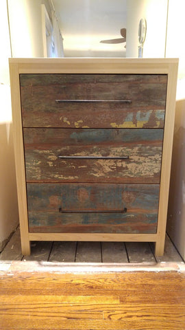 Storage solutions to create both functional and beautiful piece -  A custom designed solid wood dresser  -with a poplar wood frame in natural stain and  - under-mount soft close drawers with stunning reclaimed teak wood fronts  -& custom built handles.  It doesn't get any better than this!!..  34" Wide x 21" Deep x 42" ht