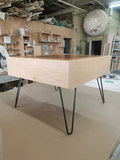 Re-configuring an existing office boardroom table!! A well loved & liked vintage boardroom table  was  reconfigured into a smaller size coffee table and 2 end tables. Hair pin metal legs give pieces mid century modern aesthetics. Upcycle + Recycle + Reuse + Makeover