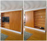 A librarian's (our client) dream home library and TV Unit.  Incredible MCM inspired library/ bookcase and built in TV unit featuring a stunning sliding door.  The bookcase  which stretches over 30ft ​ boast ​seven shelves ​running all the way through ​offering plenty of ​ ​display space for books, art, ​etc​  TV unit is hidden with a beautiful 54" wide sliding door oozing out Danish charm and practicality.