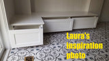 Prefer the look of a built-in piece that’s custom-fit to your space?  Go for a banquette with drawers in its base to keep special-occasion linens, seasonal accents and serving pieces neatly tucked away.  By doing able, Laura was able to convert this small corner into  equal part chic and functional.  60" x 60" x 17"