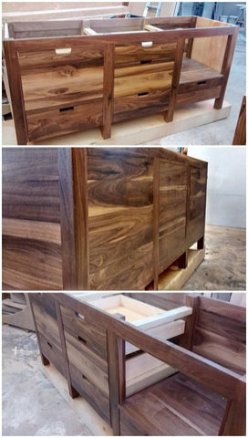 We designed this stunning island built with solid walnut wood with 2.5" frame,  6 flat panel drawers and a microwave shelf. White paneled cabinetry serves as a clean slate for beautiful walnut wood, a playful balance of modern and traditional.  A perfect example of contrasting textures mixed to keep it family friendly, and at the same time a strong statement piece.
