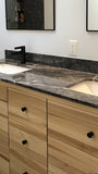- Custom build vanity cabinet from poplar wood.  - Clean line design & inset drawers, has a warm & contemporary look.  - 60" x  21" x 34" (ht)  - 1.5" Frame