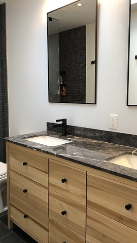 - Custom build vanity cabinet from poplar wood.  - Clean line design & inset drawers, has a warm & contemporary look.  - 60" x  21" x 34" (ht)  - 1.5" Frame