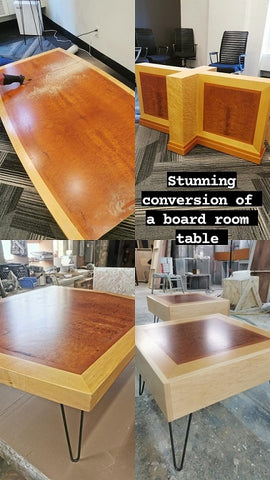 Re-configuring an existing office boardroom table!! A well loved & liked vintage boardroom table  was  reconfigured into a smaller size coffee table and 2 end tables. Hair pin metal legs give pieces mid century modern aesthetics. Upcycle + Recycle + Reuse + Makeover
