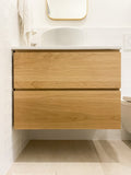 30" wide wall​ mounting floating vanity built from solid white oak wood. ​ A​  ​modern ​clean​ &​​ ​streamlined look​ with two soft close drawers​ with handle​s​ integrated in  ​drawer panels.​