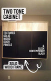 ​This is a perfect example of combining warm & rustic natural wood with slick  black  contemporary design. A beautiful mixture of  different textures i.e. two tone solid wood inset doors  & modern metal handles. The cabinet has the 3 adjustable shelves.