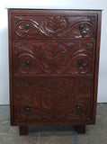 An absolutely gorgeous one of a kind  cabinet with hand carved rose wood drawer panels - converted into a bathroom vanity with a white quartz top and oval ceramic sink.  - 24" x 24" x 35" (ht)